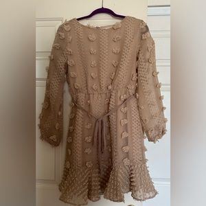 Pink Lily Swiss dot long sleeve dress in taupe